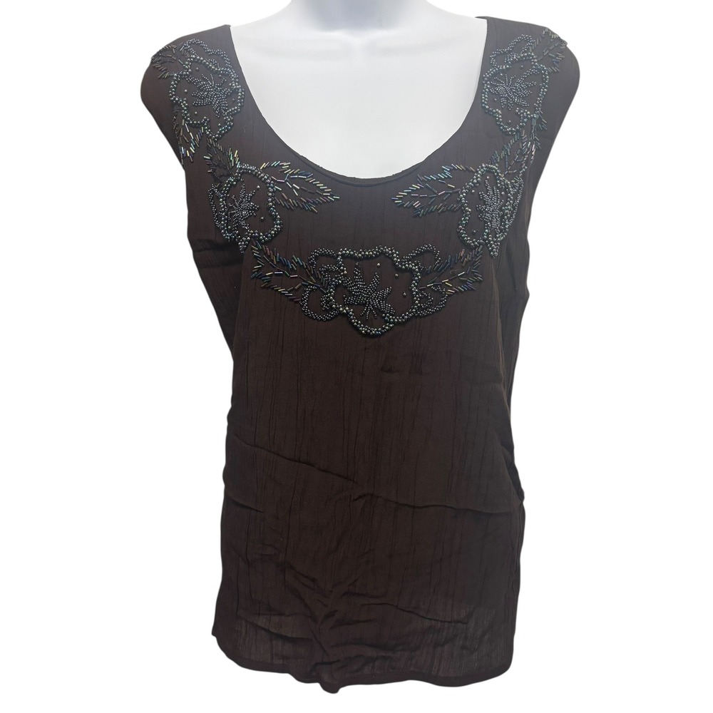 Splash Wearable Art Women's XL Brown Beaded V Neck Sleeveless Rayon Top Y2K